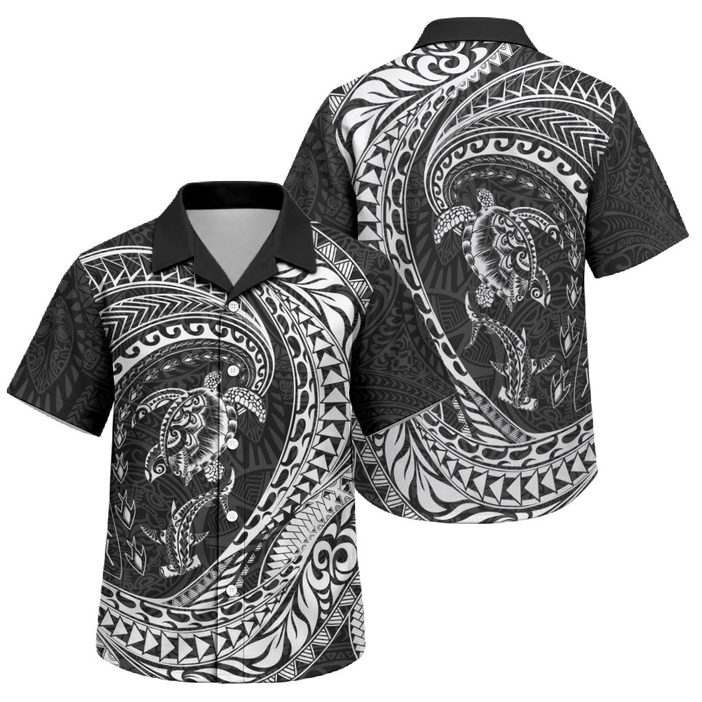 Hawaiian Turtle and Shark Family Matching Tank Maxi Dress and Hawaiian Shirt Kakau Tribal with Polynesian Pattern Black Color LT03 Son's Shirt Black - Polynesian Pride