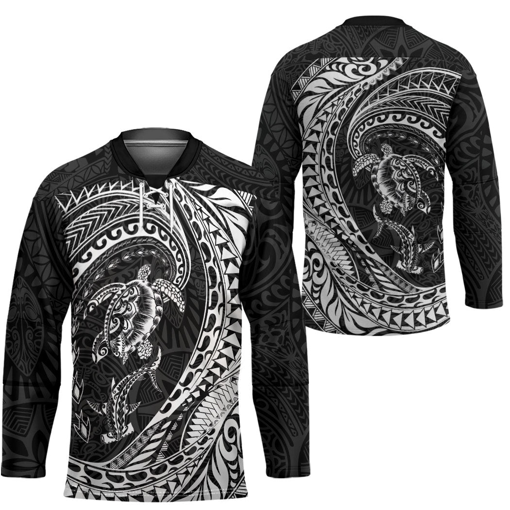 Hawaiian Turtle and Shark Hockey Jersey Kakau Tribal with Polynesian Pattern Black Color LT03 - Polynesian Pride