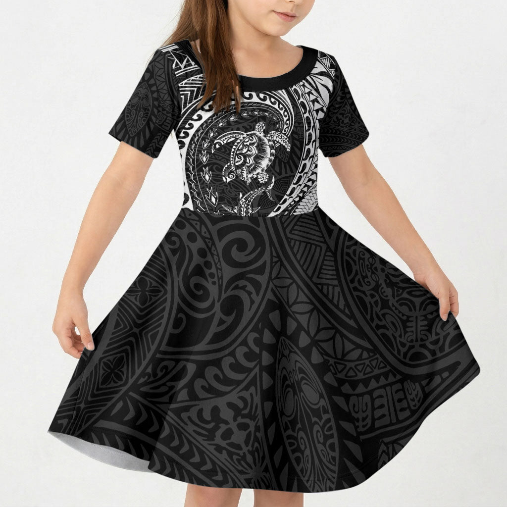 Hawaiian Turtle and Shark Kid Short Sleeve Dress Kakau Tribal with Polynesian Pattern Black Color LT03 KID Black - Polynesian Pride