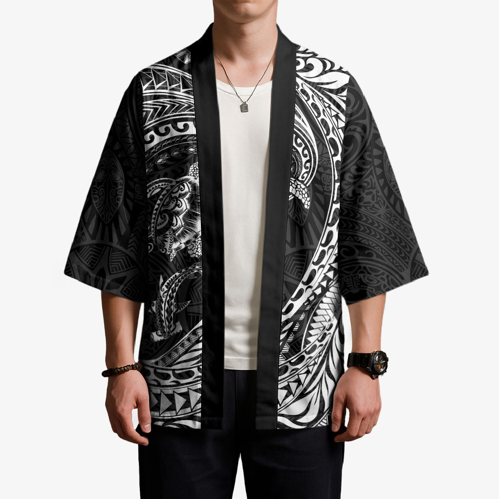 Hawaiian Turtle and Shark Kimono Kakau Tribal with Polynesian Pattern Black Color LT03 - Polynesian Pride