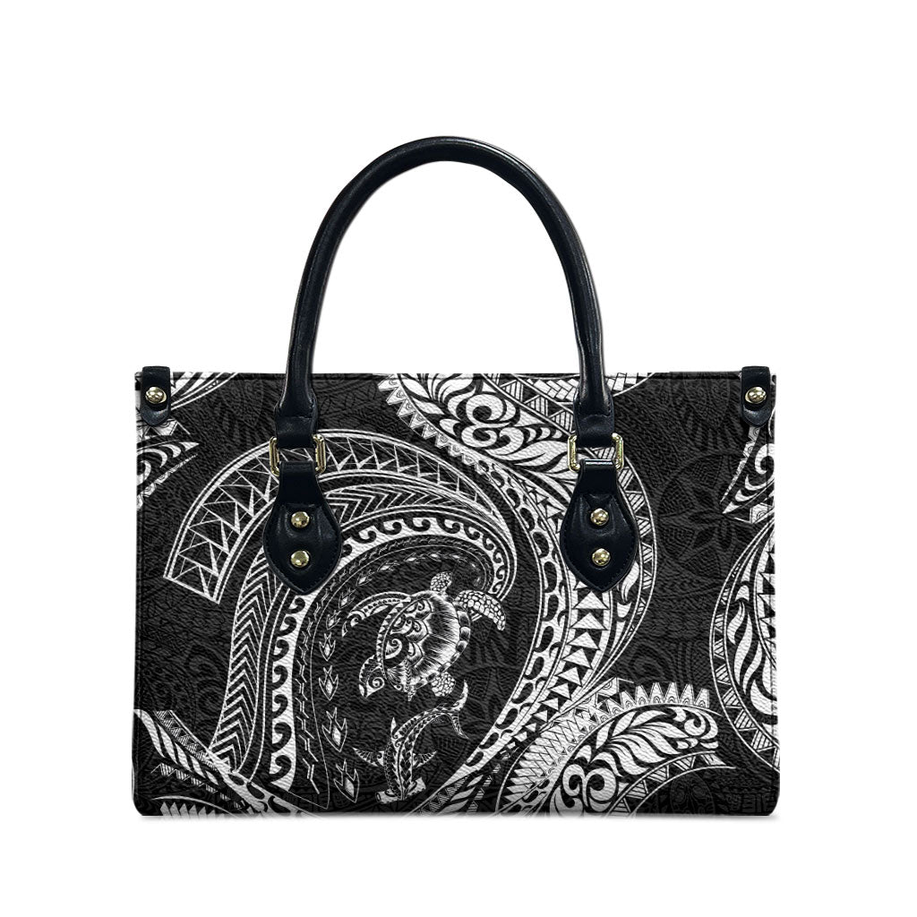 Hawaiian Turtle and Shark Leather Bag Kakau Tribal with Polynesian Pattern Black Color LT03 - Polynesian Pride