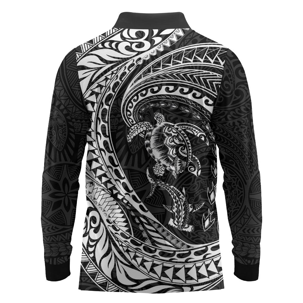 Hawaiian Turtle and Shark Long Sleeve Polo Shirt Kakau Tribal with Polynesian Pattern Black Color LT03 - Polynesian Pride