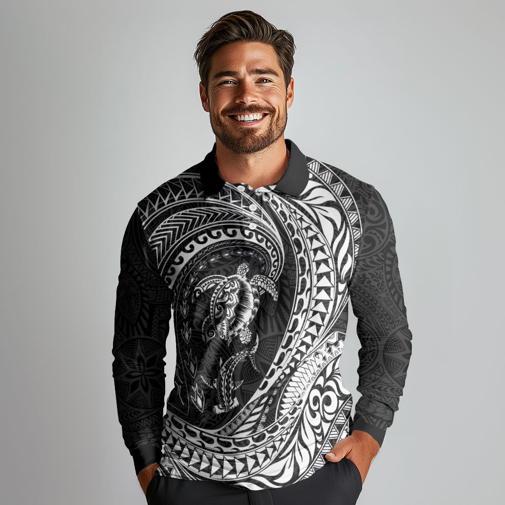 Hawaiian Turtle and Shark Long Sleeve Polo Shirt Kakau Tribal with Polynesian Pattern Black Color LT03 - Polynesian Pride