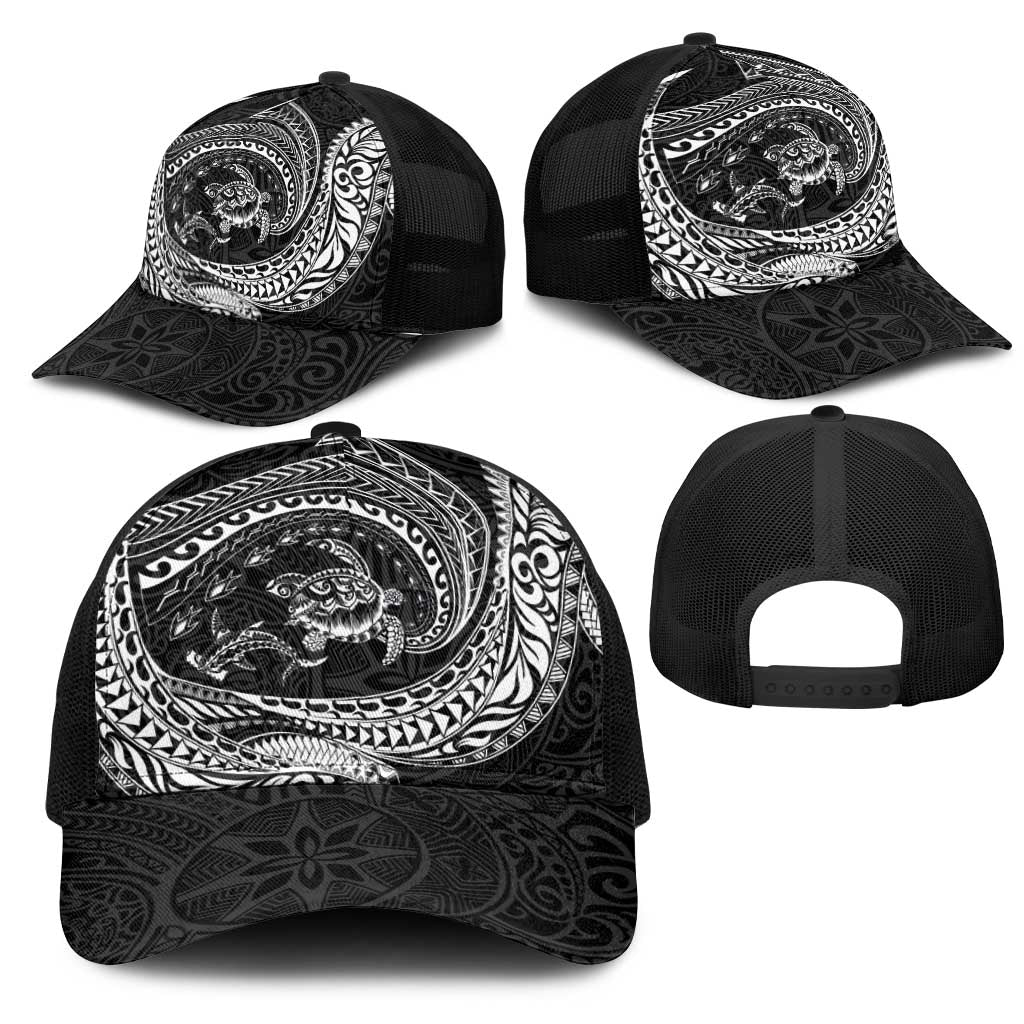 Hawaiian Turtle and Shark Mesh Trucker Cap Kakau Tribal with Polynesian Pattern Black Color LT03 - Polynesian Pride