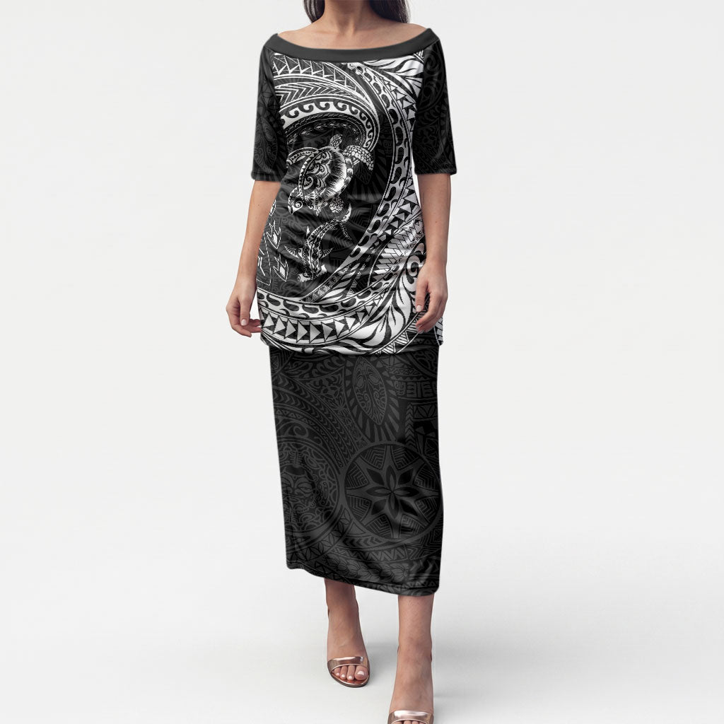 Hawaiian Turtle and Shark Puletasi Kakau Tribal with Polynesian Pattern Black Color LT03 Long Dress Black - Polynesian Pride