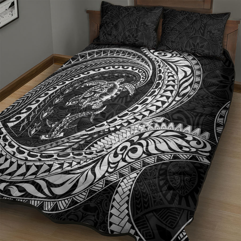 Hawaiian Turtle and Shark Quilt Bed Set Kakau Tribal with Polynesian Pattern Black Color LT03 - Polynesian Pride