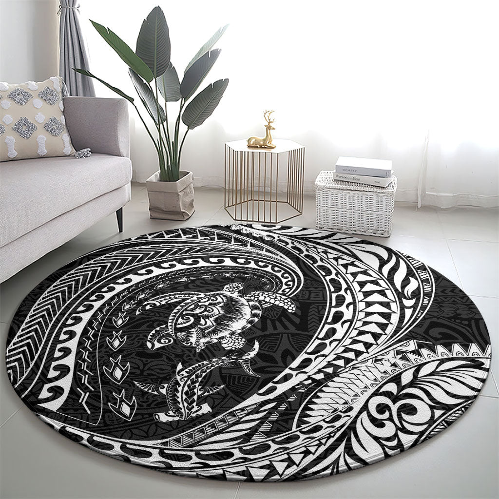 Hawaiian Turtle and Shark Round Carpet Kakau Tribal with Polynesian Pattern Black Color LT03 - Polynesian Pride