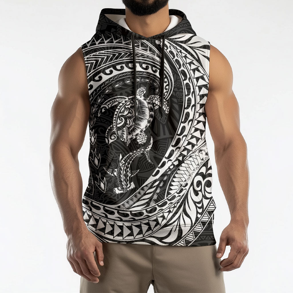 Hawaiian Turtle and Shark Sleeveless Hoodie Kakau Tribal with Polynesian Pattern Black Color LT03 - Polynesian Pride