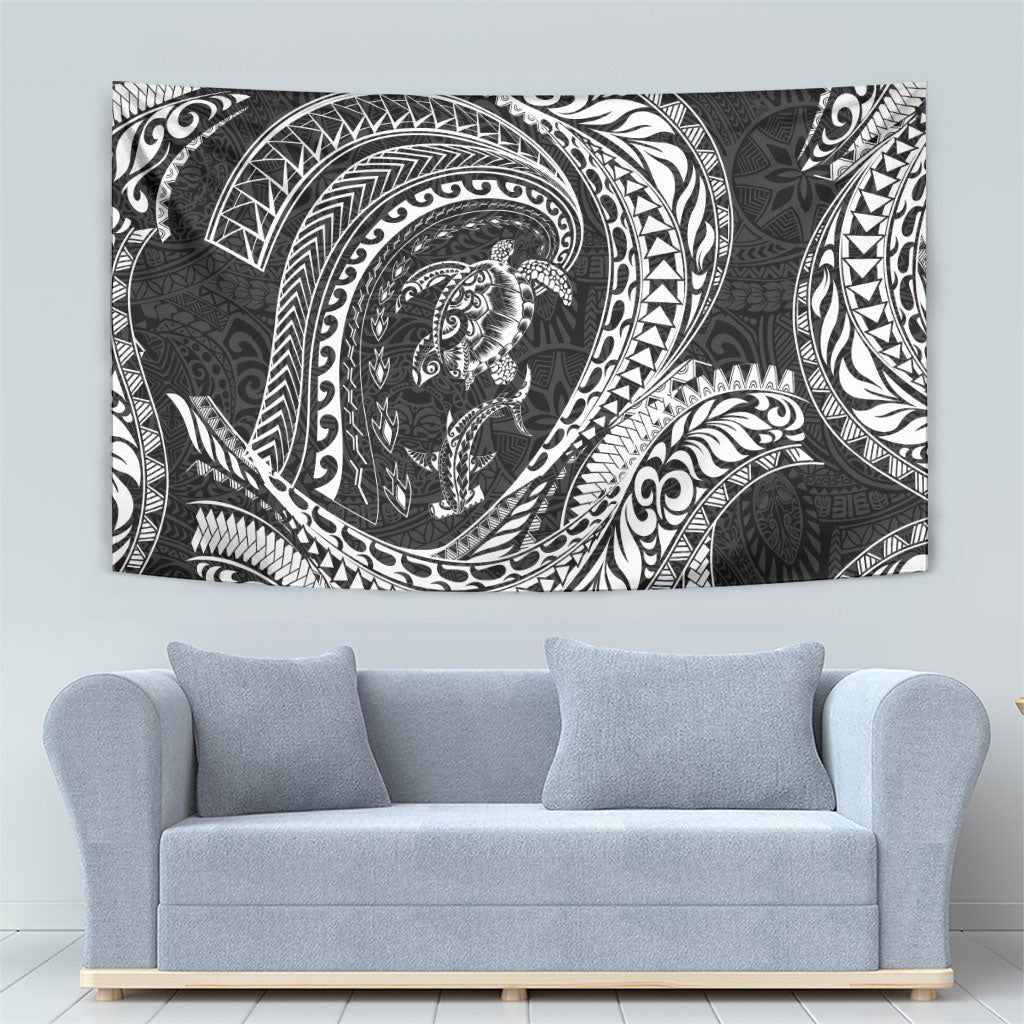 Hawaiian Turtle and Shark Tapestry Kakau Tribal with Polynesian Pattern Black Color LT03 - Polynesian Pride