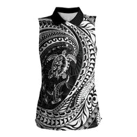 Hawaiian Turtle and Shark Women Sleeveless Polo Shirt Kakau Tribal with Polynesian Pattern Black Color LT03 Female Black - Polynesian Pride