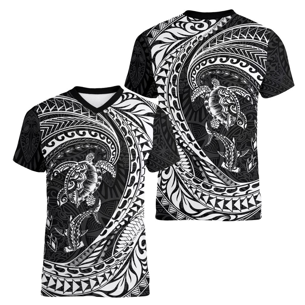 Hawaiian Turtle and Shark Women V-Neck T-Shirt Kakau Tribal with Polynesian Pattern Black Color LT03 - Polynesian Pride