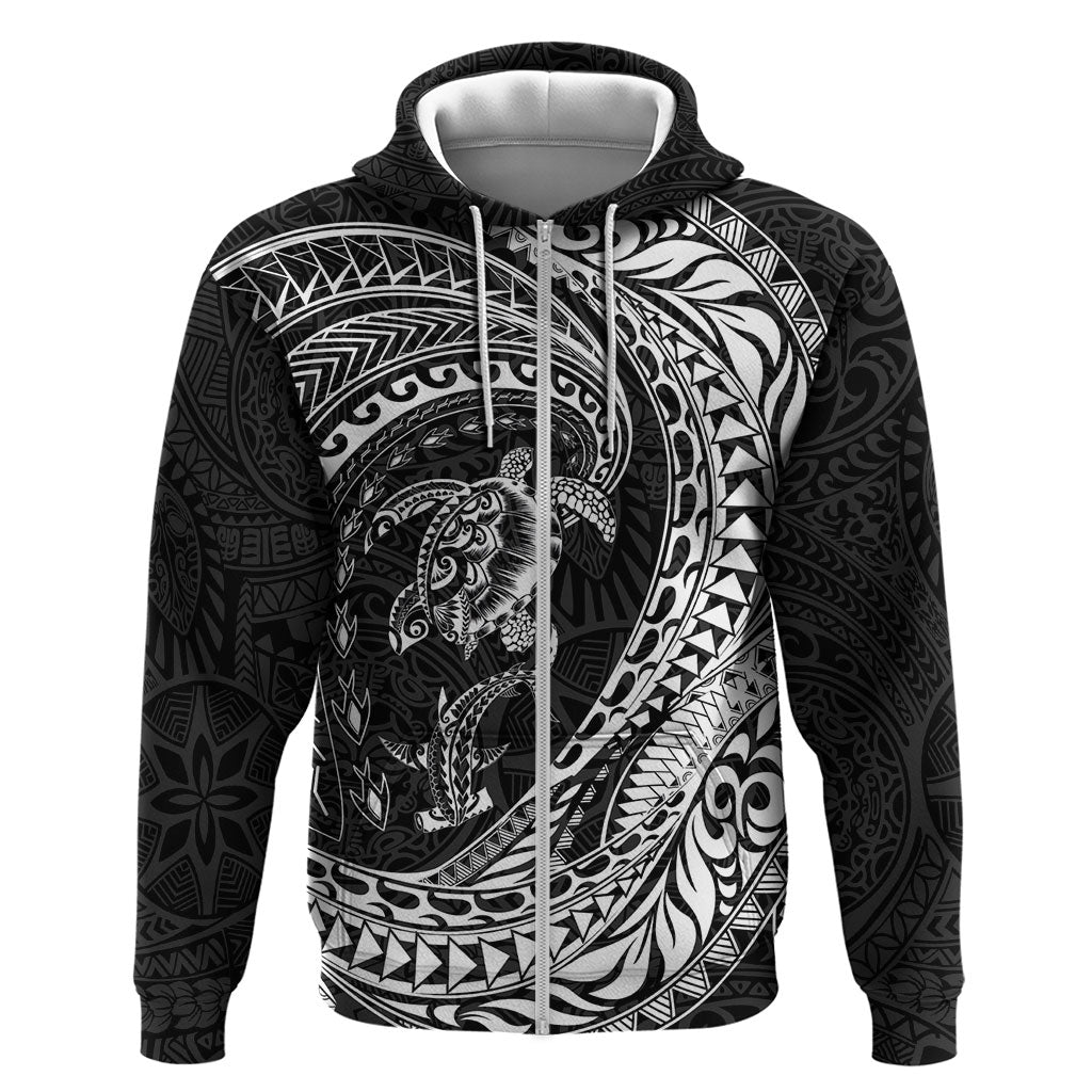 Hawaiian Turtle and Shark Zip Hoodie Kakau Tribal with Polynesian Pattern Black Color LT03 Zip Hoodie Black - Polynesian Pride