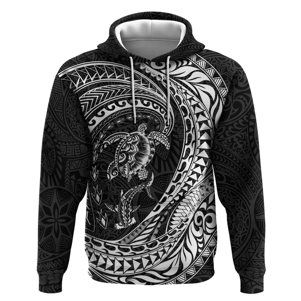 Hawaiian Turtle and Shark Zip Hoodie Kakau Tribal with Polynesian Pattern Black Color LT03 Pullover Hoodie Black - Polynesian Pride