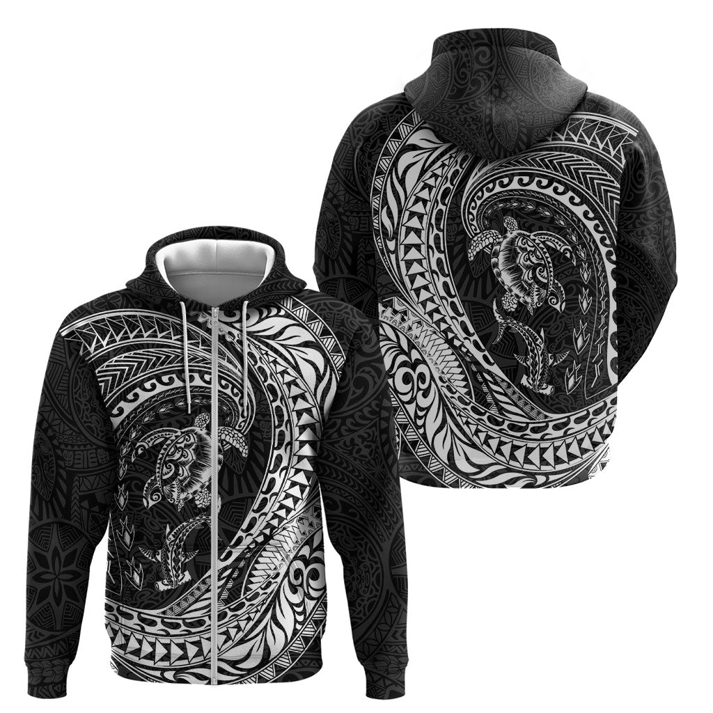 Hawaiian Turtle and Shark Zip Hoodie Kakau Tribal with Polynesian Pattern Black Color LT03 - Polynesian Pride