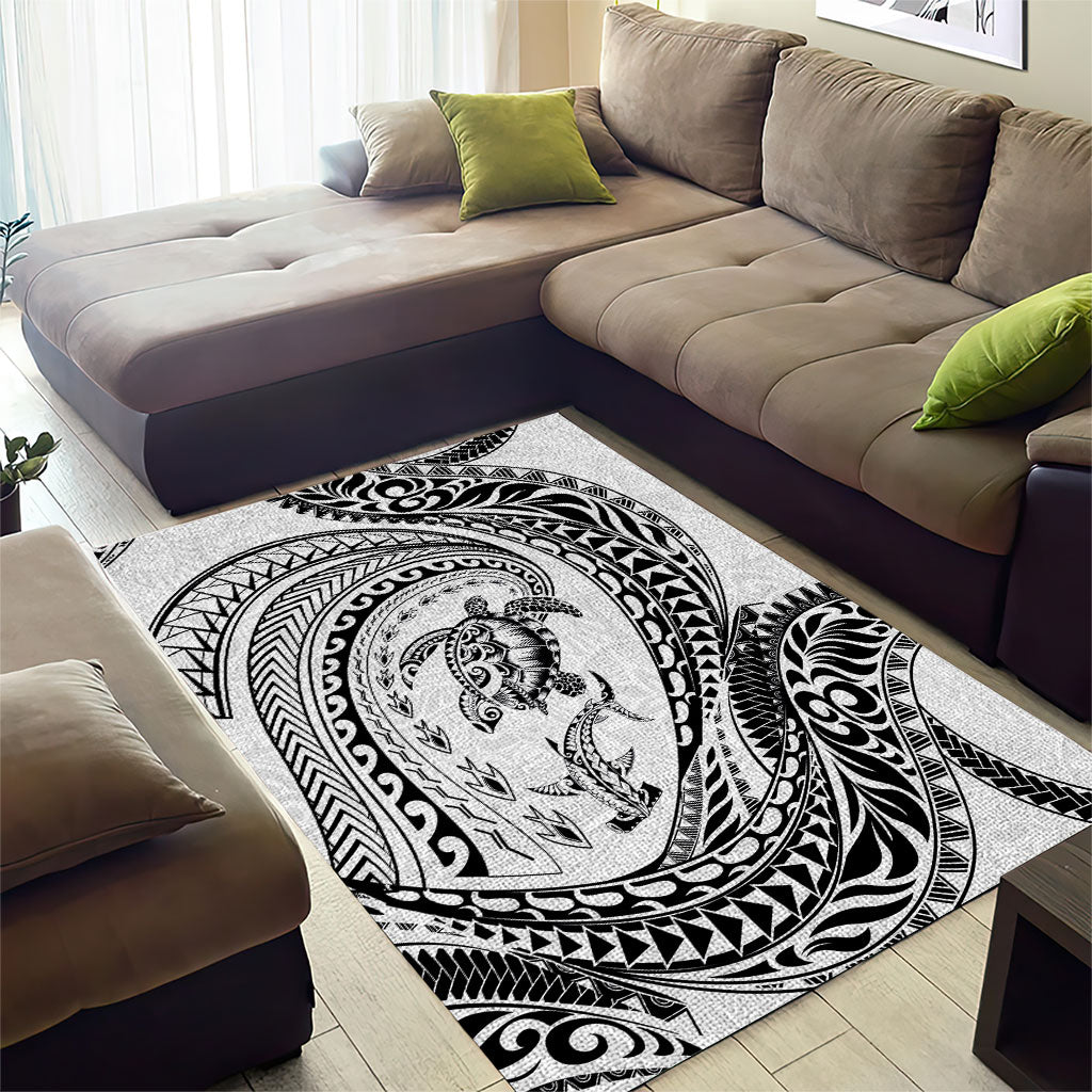 Hawaiian Turtle and Shark Area Rug Kakau Tribal with Polynesian Pattern White Color LT03 - Polynesian Pride