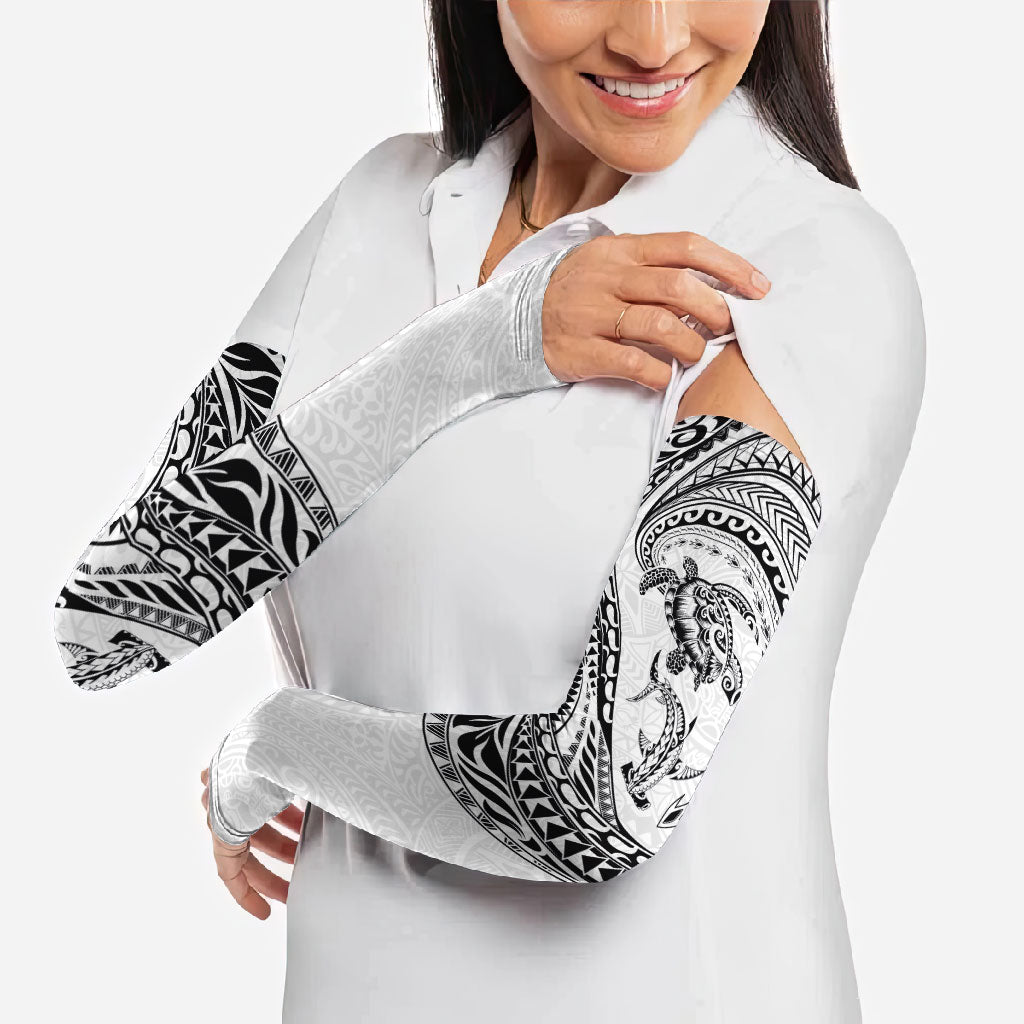 Hawaiian Turtle and Shark Arm Sleeves Kakau Tribal with Polynesian Pattern White Color LT03 - Polynesian Pride