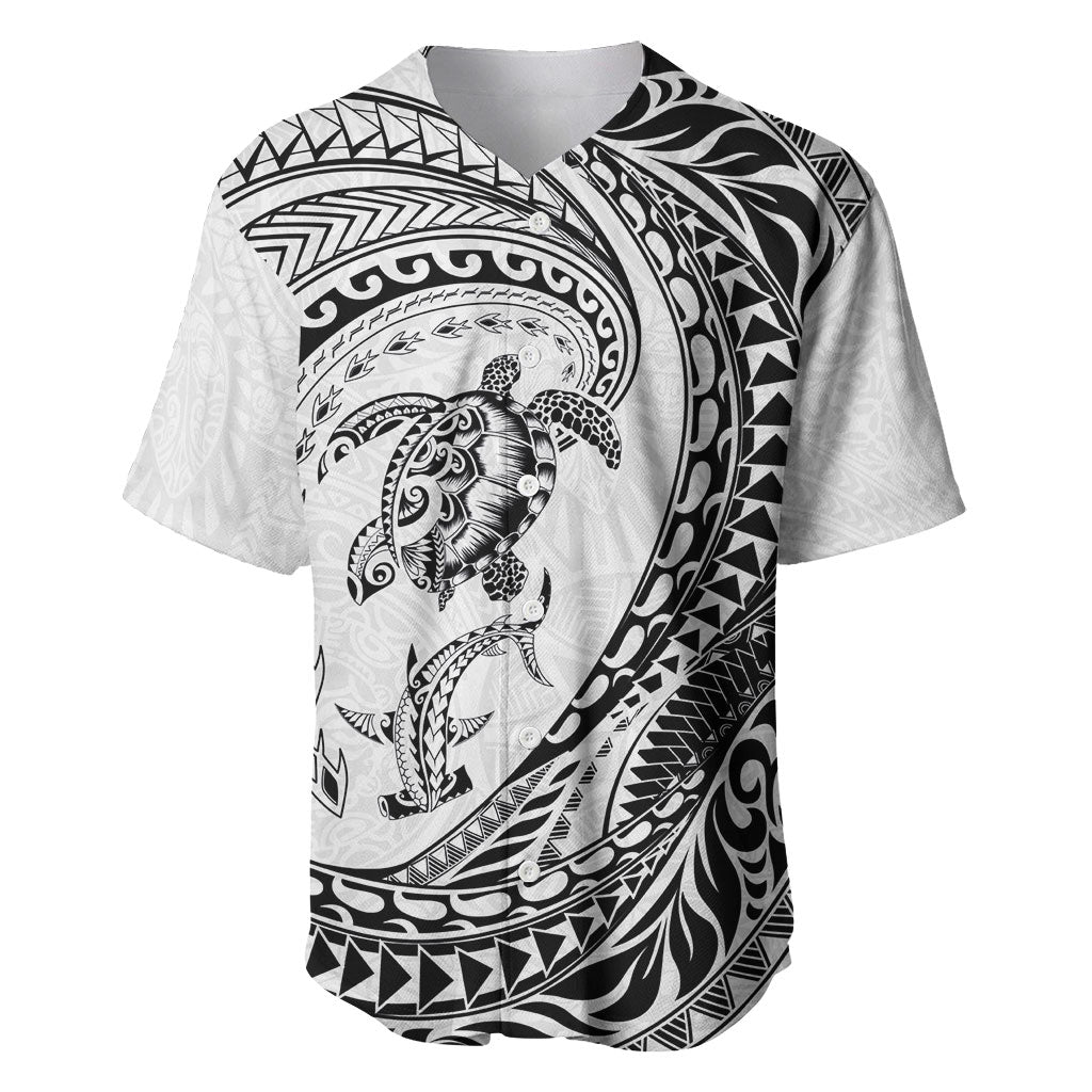 Hawaiian Turtle and Shark Baseball Jersey Kakau Tribal with Polynesian Pattern White Color LT03 White - Polynesian Pride