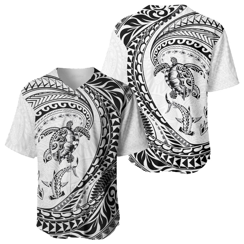 Hawaiian Turtle and Shark Baseball Jersey Kakau Tribal with Polynesian Pattern White Color LT03 - Polynesian Pride