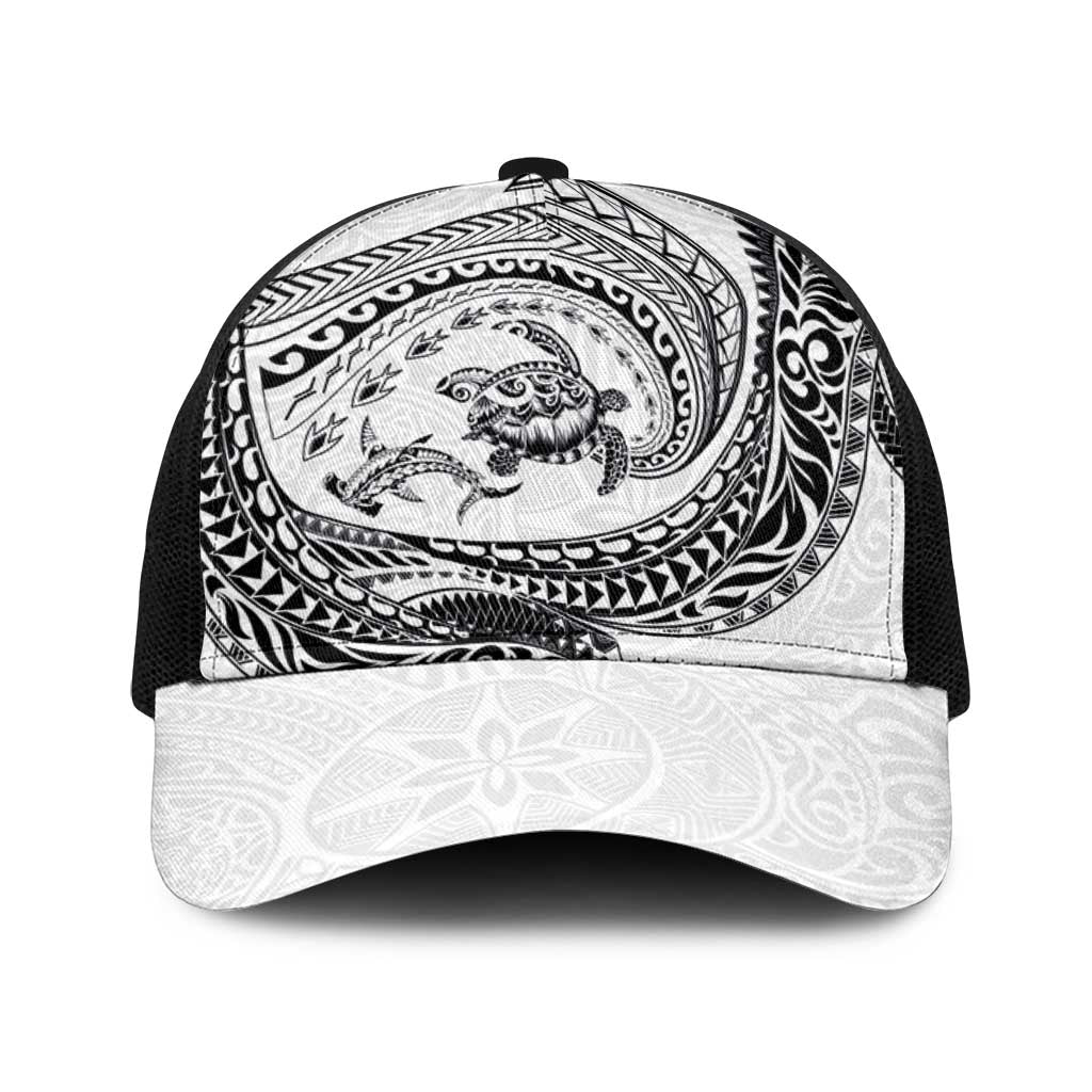 Hawaiian Turtle and Shark Baseball Net Cap Kakau Tribal with Polynesian Pattern White Color LT03 One Size Black White - Polynesian Pride