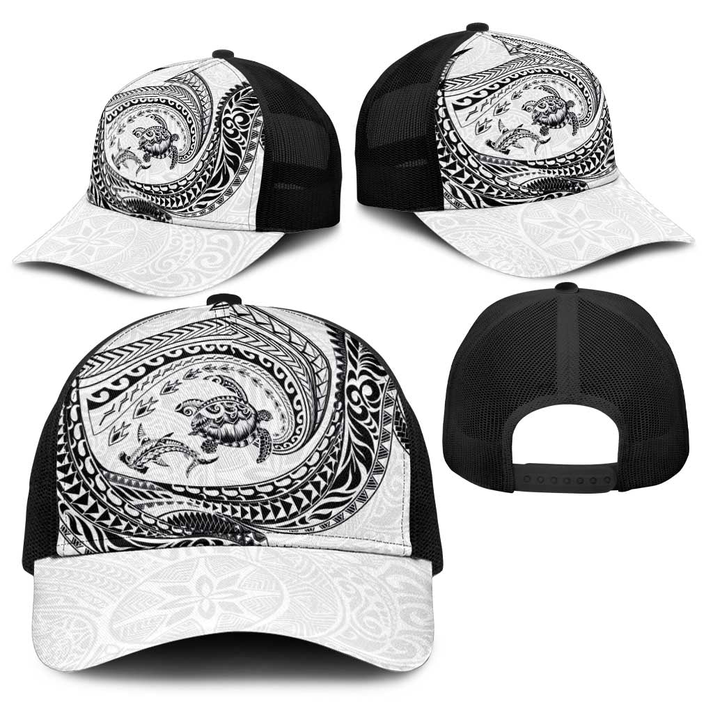 Hawaiian Turtle and Shark Baseball Net Cap Kakau Tribal with Polynesian Pattern White Color LT03 - Polynesian Pride