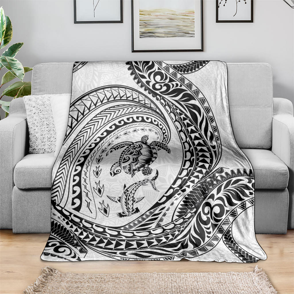 Hawaiian Turtle and Shark Blanket Kakau Tribal with Polynesian Pattern White Color LT03 - Polynesian Pride