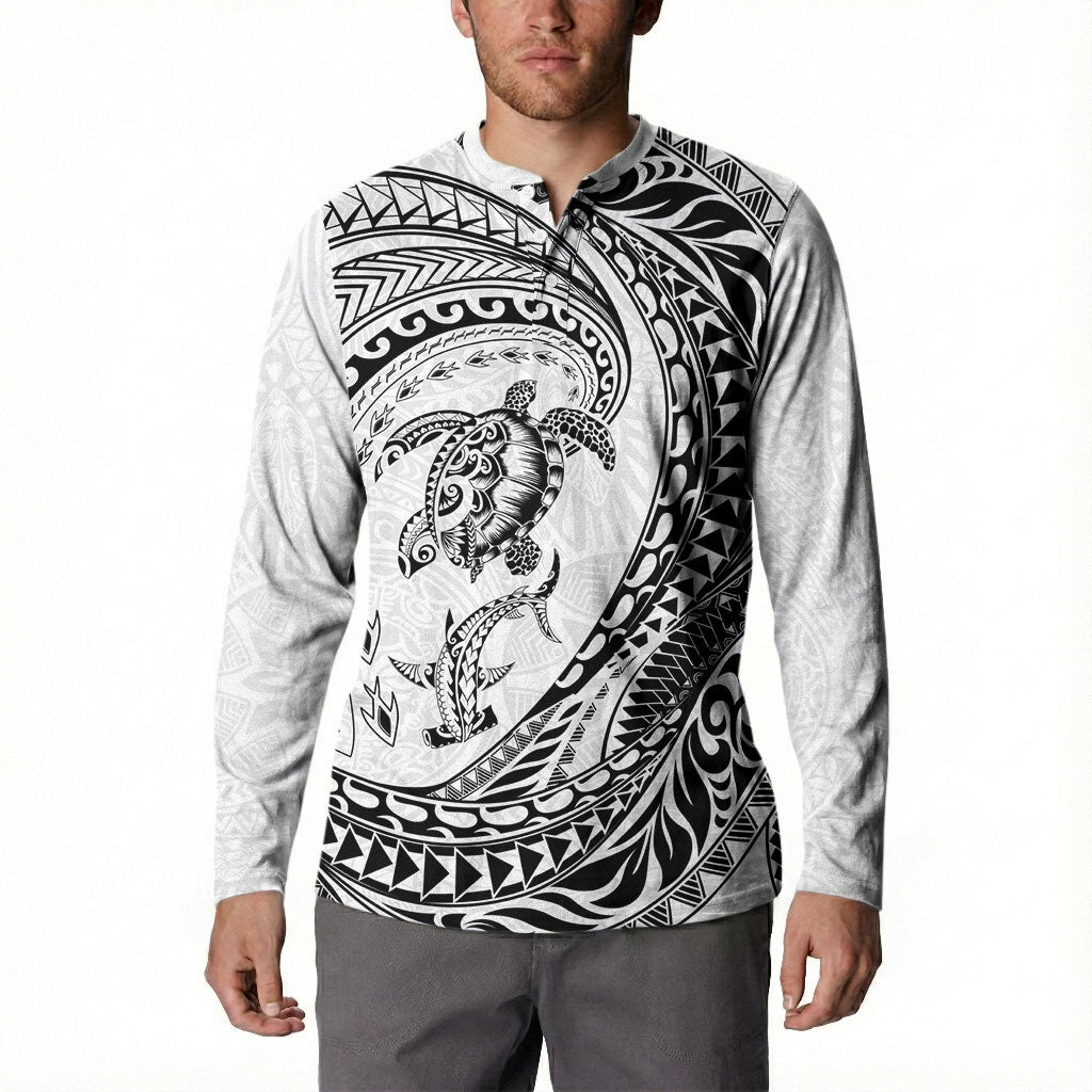 Hawaiian Turtle and Shark Button Sweatshirt Kakau Tribal with Polynesian Pattern White Color LT03 - Polynesian Pride
