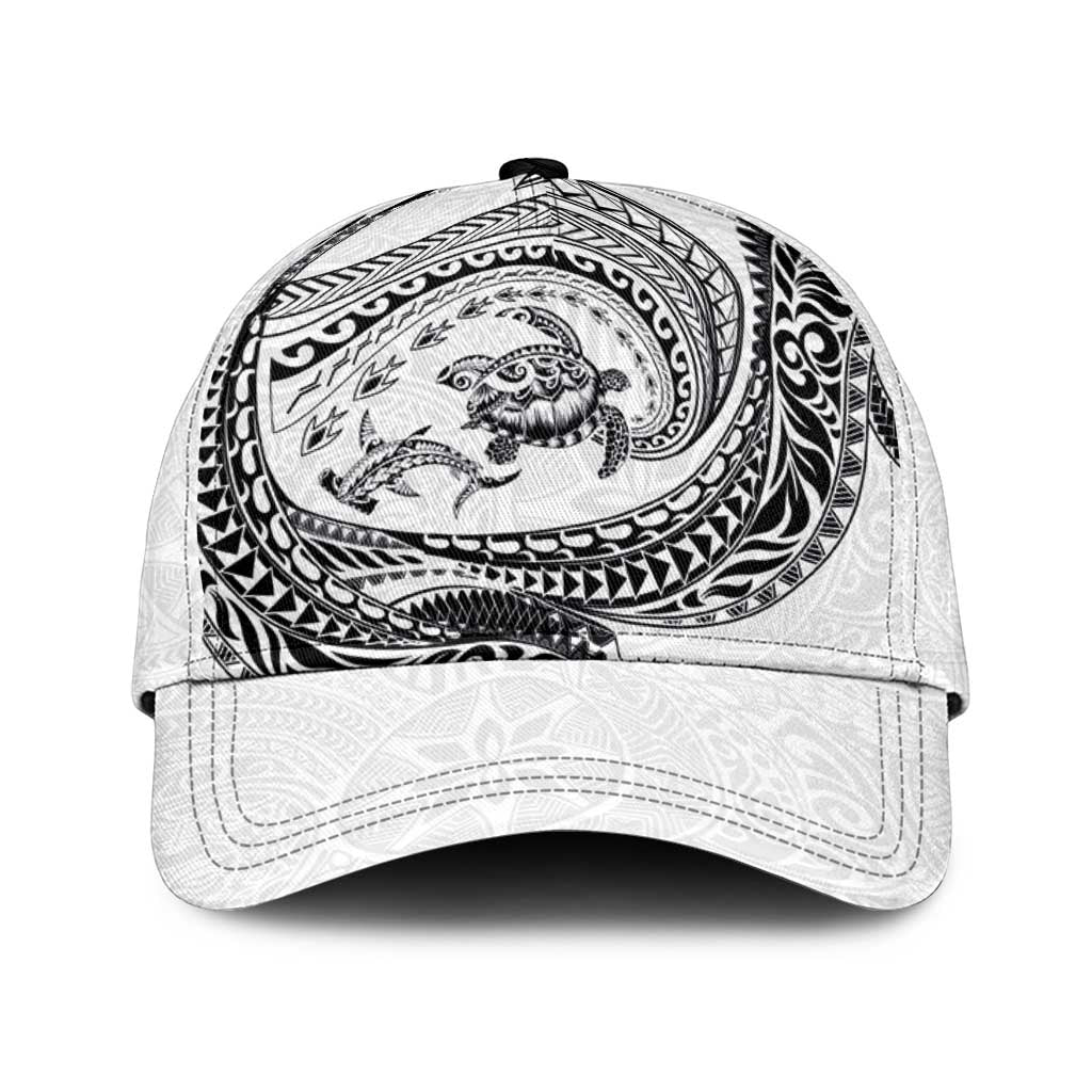 Hawaiian Turtle and Shark Classic Cap Kakau Tribal with Polynesian Pattern White Color LT03 Universal Fit White - Polynesian Pride