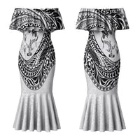 Hawaiian Turtle and Shark Couples Matching Mermaid Dress and Long Sleeve Button Shirt Kakau Tribal with Polynesian Pattern White Color LT03 - Polynesian Pride