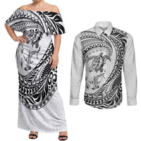 Hawaiian Turtle and Shark Couples Matching Off Shoulder Maxi Dress and Long Sleeve Button Shirt Kakau Tribal with Polynesian Pattern White Color LT03 White - Polynesian Pride