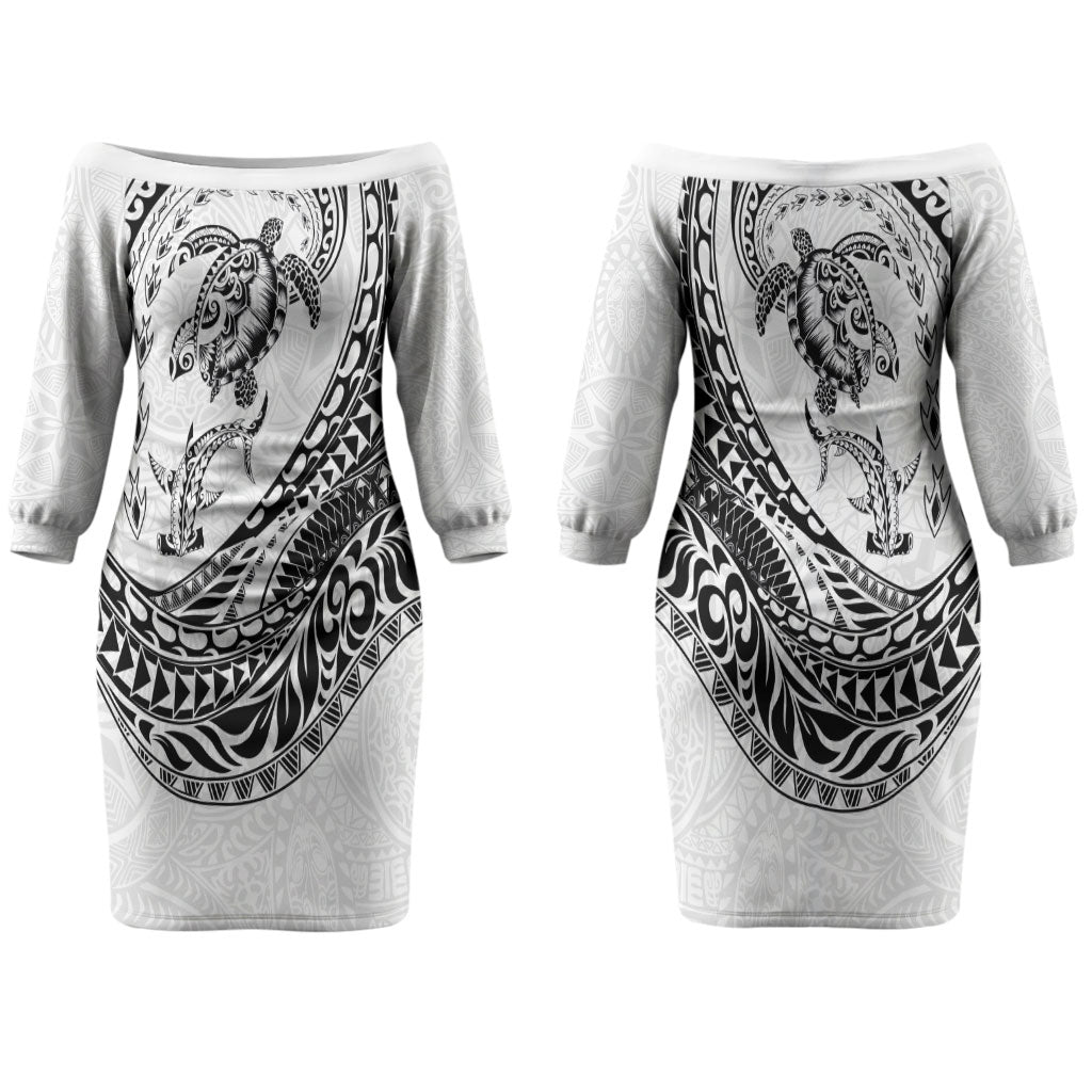 Hawaiian Turtle and Shark Couples Matching Off The Shoulder Long Sleeve Dress and Hawaiian Shirt Kakau Tribal with Polynesian Pattern White Color LT03 - Polynesian Pride