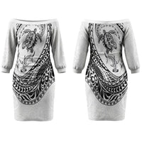 Hawaiian Turtle and Shark Couples Matching Off The Shoulder Long Sleeve Dress and Hawaiian Shirt Kakau Tribal with Polynesian Pattern White Color LT03 - Polynesian Pride