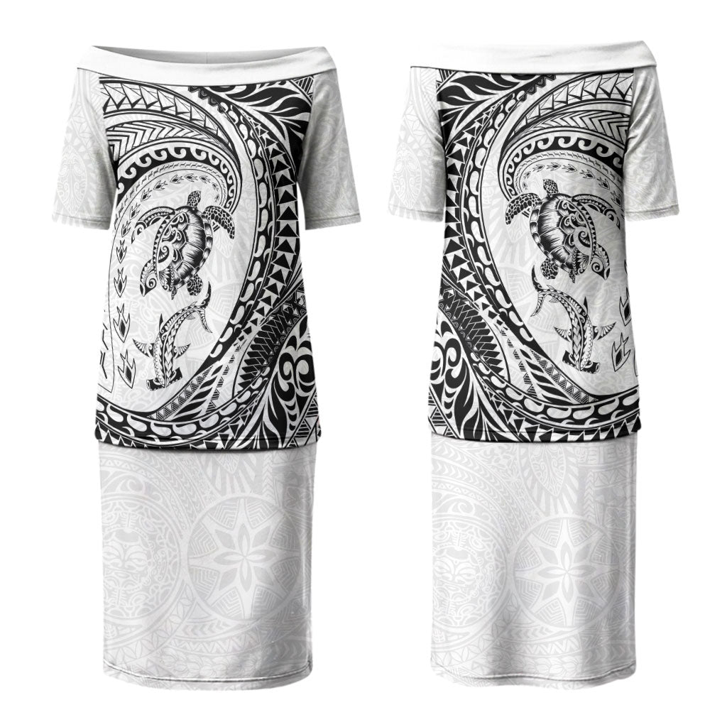Hawaiian Turtle and Shark Couples Matching Puletasi and Hawaiian Shirt Kakau Tribal with Polynesian Pattern White Color LT03 - Polynesian Pride