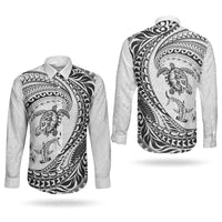 Hawaiian Turtle and Shark Couples Matching Puletasi and Long Sleeve Button Shirt Kakau Tribal with Polynesian Pattern White Color LT03 - Polynesian Pride