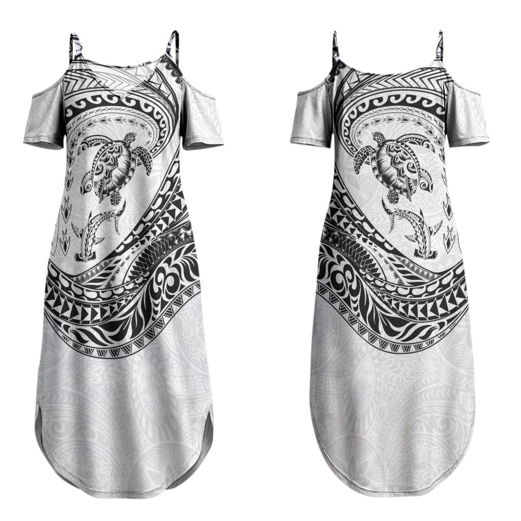 Hawaiian Turtle and Shark Couples Matching Summer Maxi Dress and Hawaiian Shirt Kakau Tribal with Polynesian Pattern White Color LT03 - Polynesian Pride