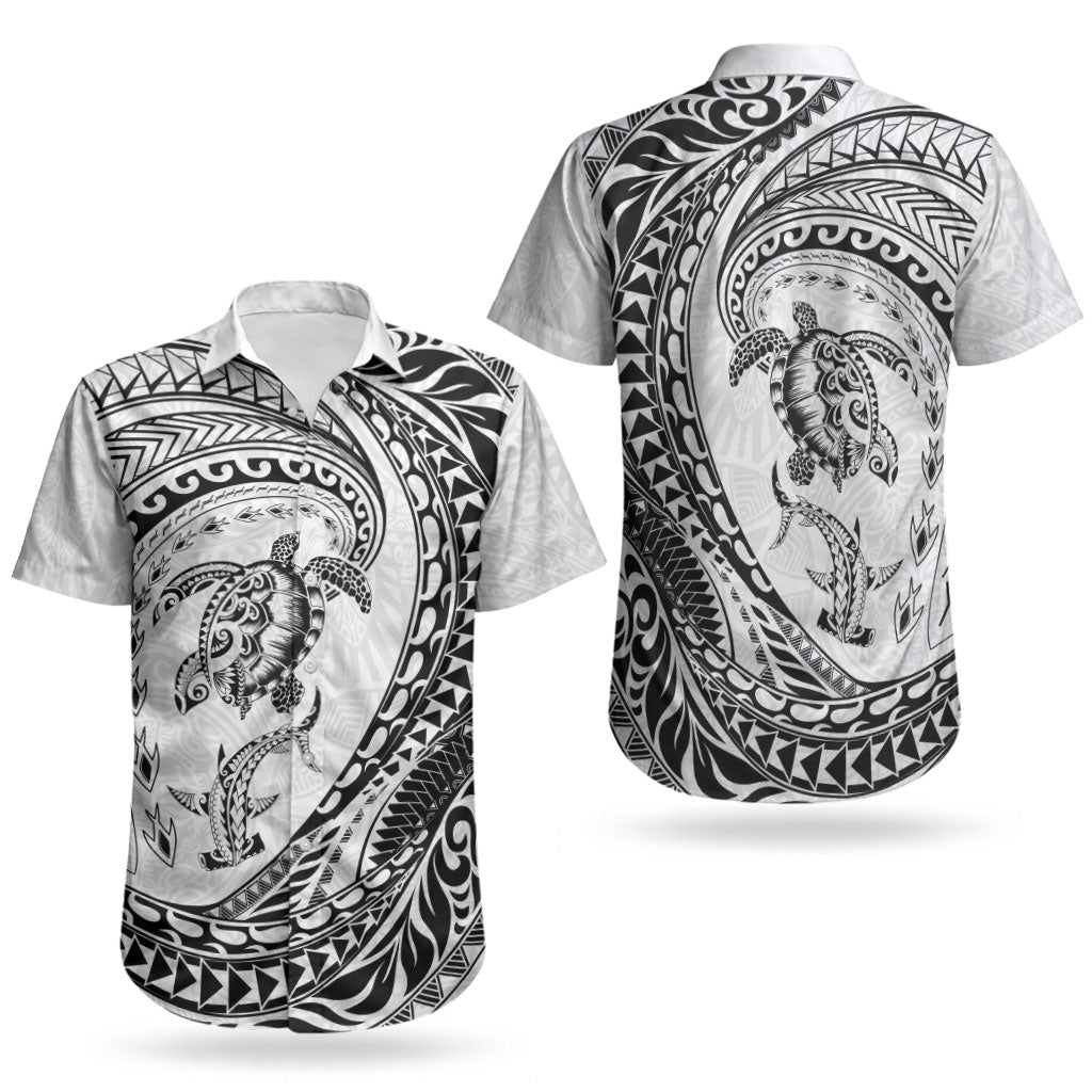 Hawaiian Turtle and Shark Couples Matching Tank Maxi Dress and Hawaiian Shirt Kakau Tribal with Polynesian Pattern White Color LT03 - Polynesian Pride