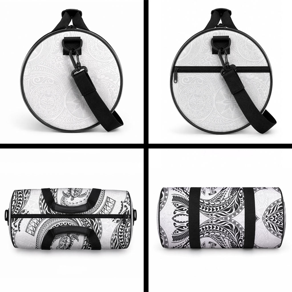 Hawaiian Turtle and Shark Duffle Bag Kakau Tribal with Polynesian Pattern White Color