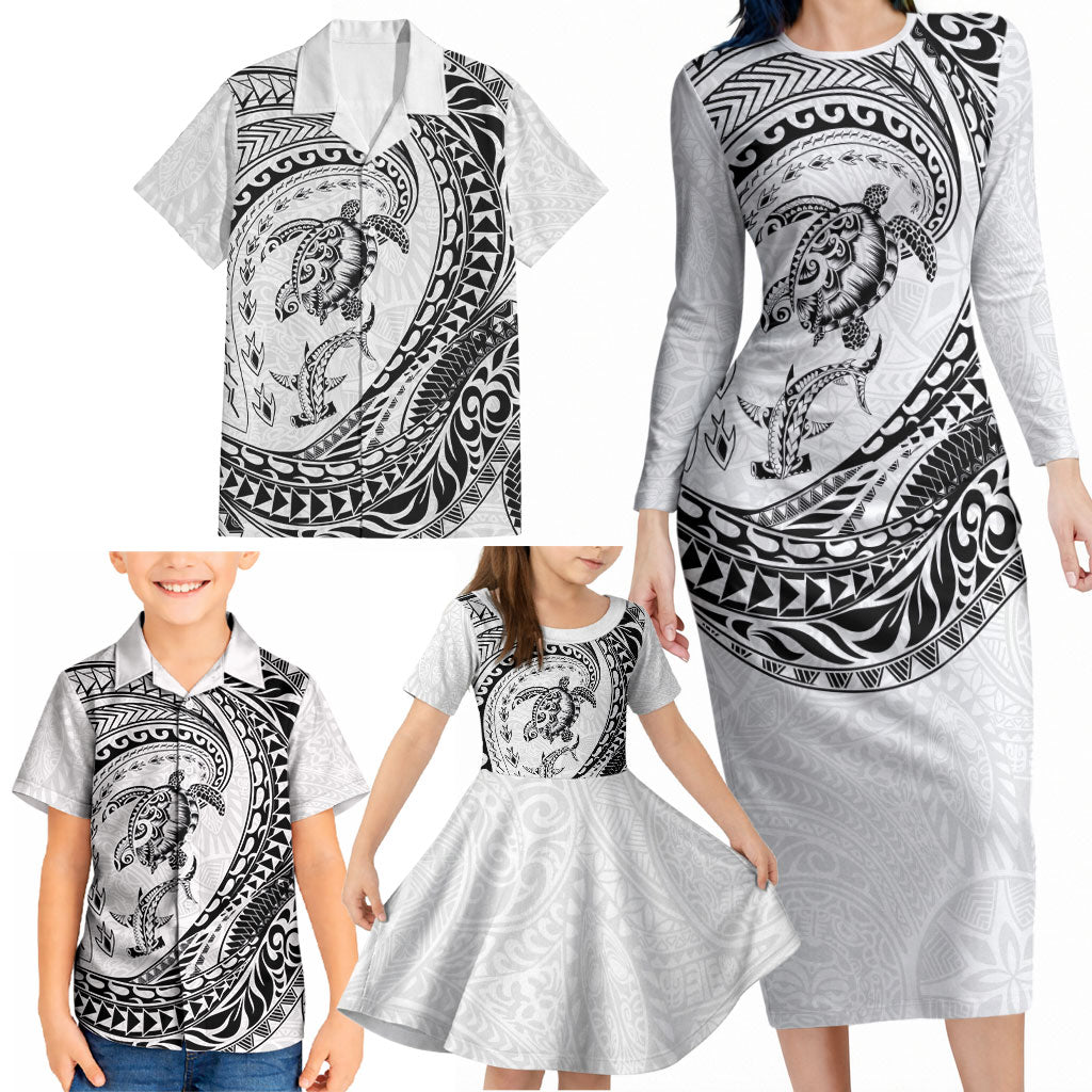 Hawaiian Turtle and Shark Family Matching Long Sleeve Bodycon Dress and Hawaiian Shirt Kakau Tribal with Polynesian Pattern White Color LT03 - Polynesian Pride