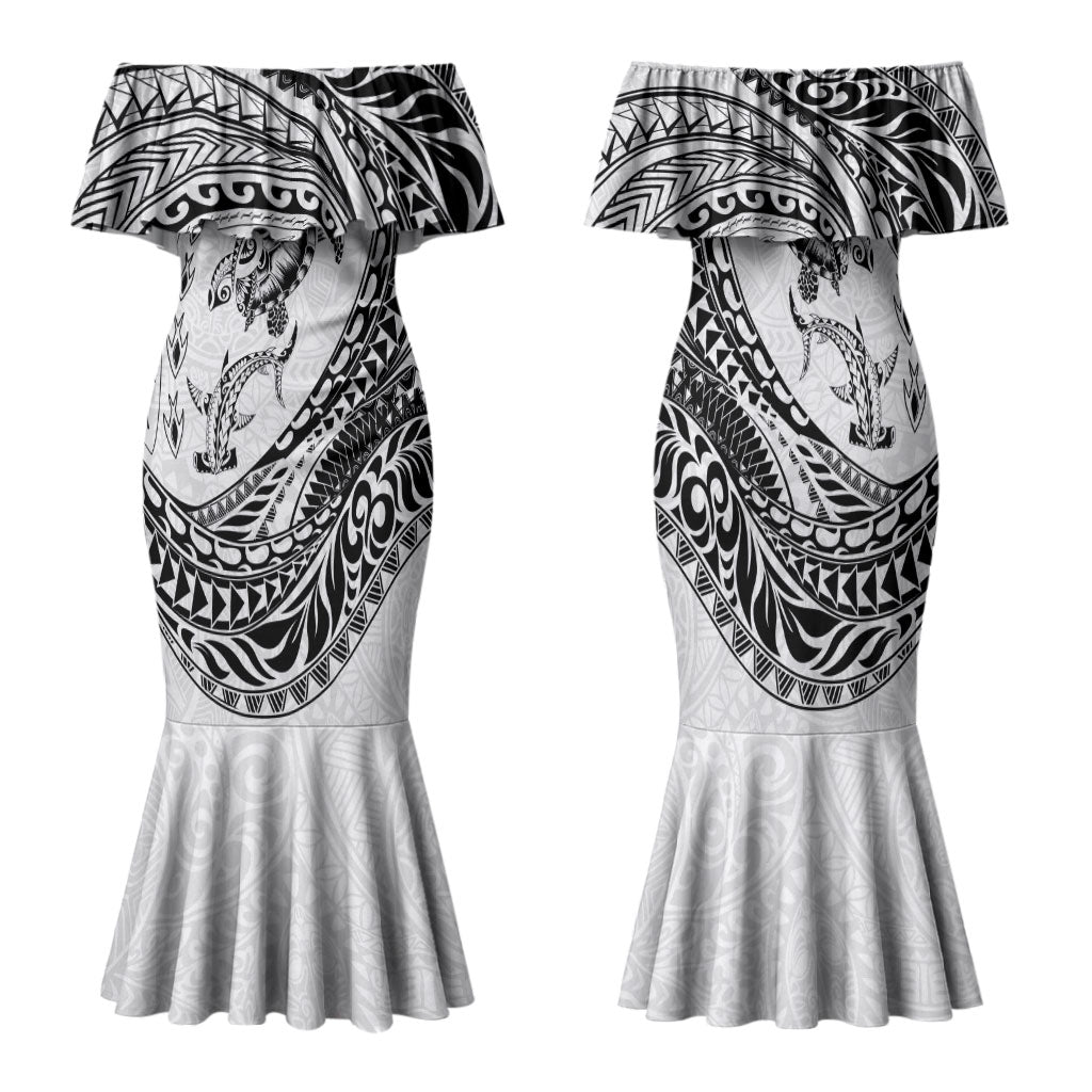 Hawaiian Turtle and Shark Family Matching Mermaid Dress and Hawaiian Shirt Kakau Tribal with Polynesian Pattern White Color LT03 Mom's Dress White - Polynesian Pride