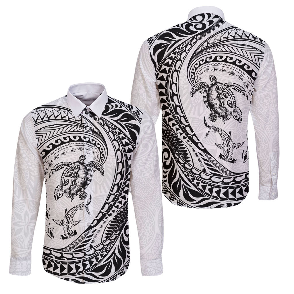 Hawaiian Turtle and Shark Family Matching Mermaid Dress and Hawaiian Shirt Kakau Tribal with Polynesian Pattern White Color LT03 Dad's Shirt - Long Sleeve White - Polynesian Pride