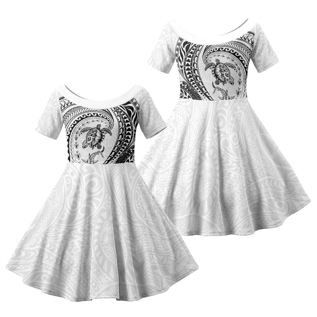 Hawaiian Turtle and Shark Family Matching Mermaid Dress and Hawaiian Shirt Kakau Tribal with Polynesian Pattern White Color LT03 Daughter's Dress White - Polynesian Pride