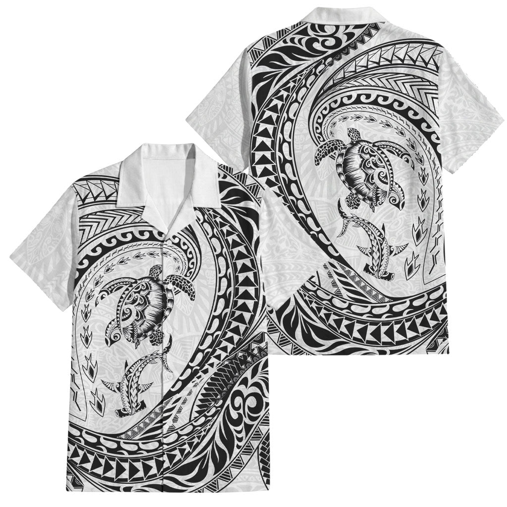 Hawaiian Turtle and Shark Family Matching Puletasi and Hawaiian Shirt Kakau Tribal with Polynesian Pattern White Color LT03 Dad's Shirt - Short Sleeve White - Polynesian Pride