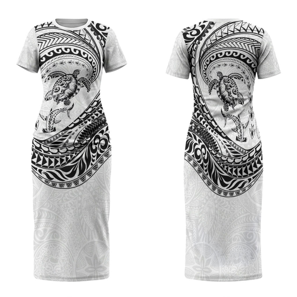 Hawaiian Turtle and Shark Family Matching Short Sleeve Bodycon Dress and Hawaiian Shirt Kakau Tribal with Polynesian Pattern White Color LT03 Mom's Dress White - Polynesian Pride