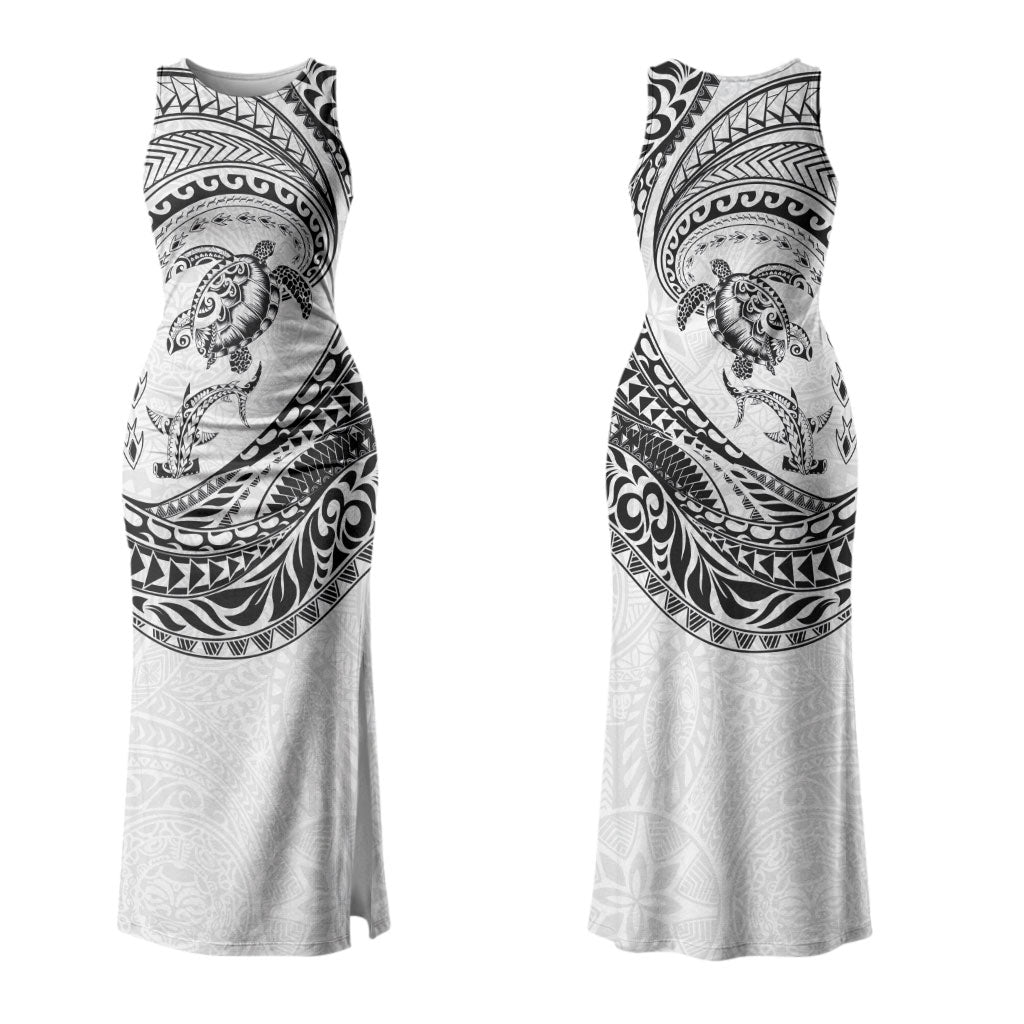 Hawaiian Turtle and Shark Family Matching Tank Maxi Dress and Hawaiian Shirt Kakau Tribal with Polynesian Pattern White Color LT03 Mom's Dress White - Polynesian Pride