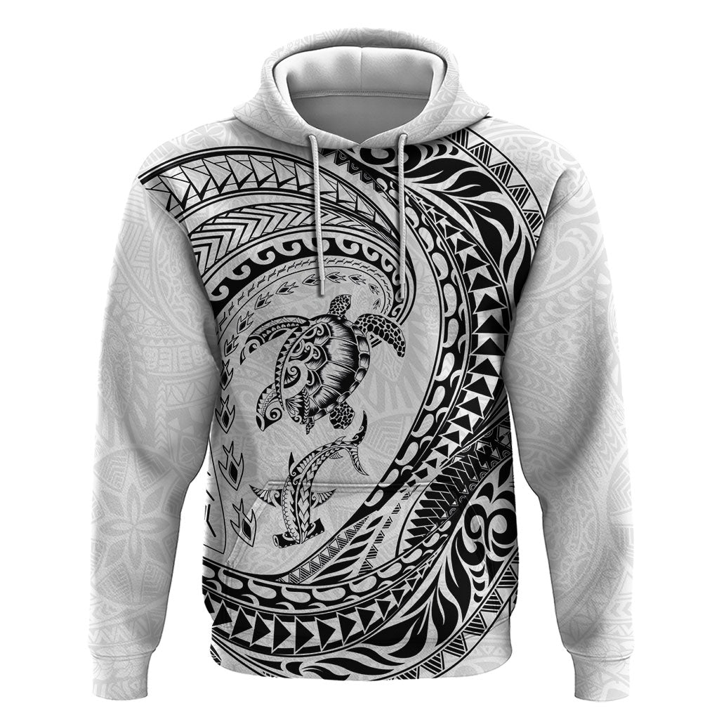 Hawaiian Turtle and Shark Hoodie Kakau Tribal with Polynesian Pattern White Color LT03 Pullover Hoodie White - Polynesian Pride