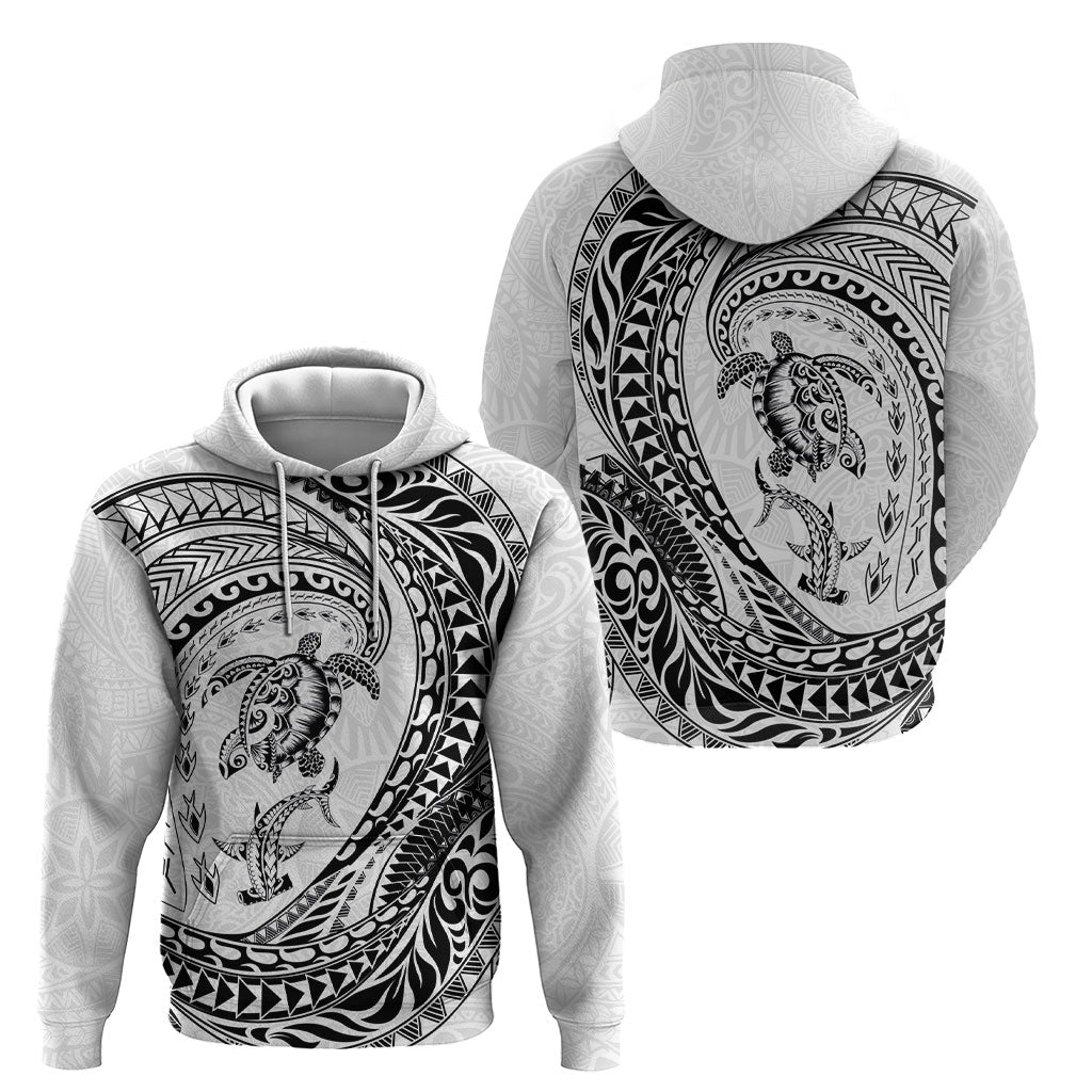 Hawaiian Turtle and Shark Hoodie Kakau Tribal with Polynesian Pattern White Color LT03 - Polynesian Pride