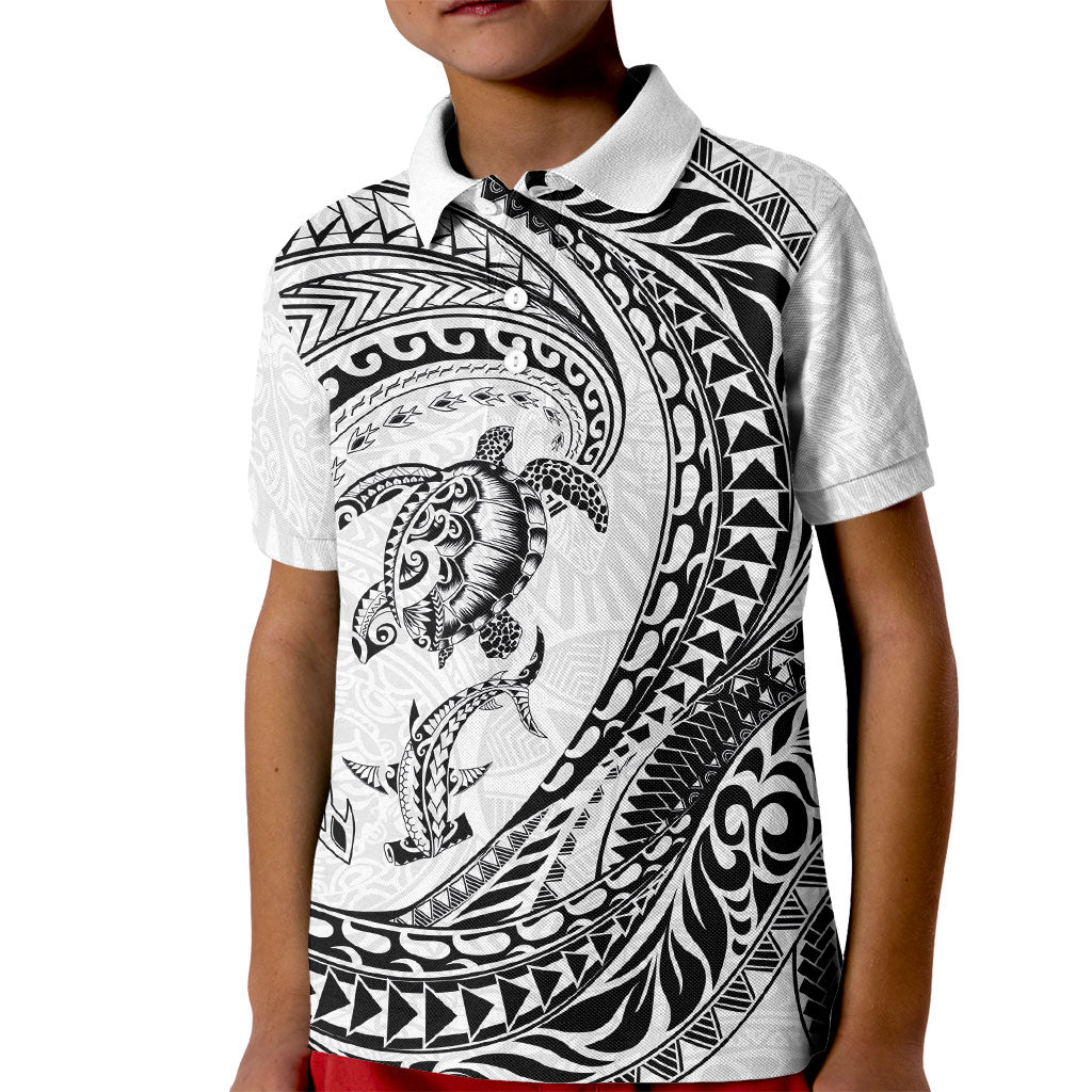 Hawaiian Turtle and Shark Kid Polo Shirt Kakau Tribal with Polynesian Pattern White Color LT03 Kid White - Polynesian Pride