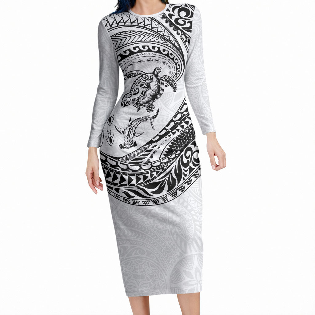 Hawaiian Turtle and Shark Long Sleeve Bodycon Dress Kakau Tribal with Polynesian Pattern White Color LT03 Long Dress White - Polynesian Pride