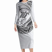 Hawaiian Turtle and Shark Long Sleeve Bodycon Dress Kakau Tribal with Polynesian Pattern White Color LT03 Long Dress White - Polynesian Pride