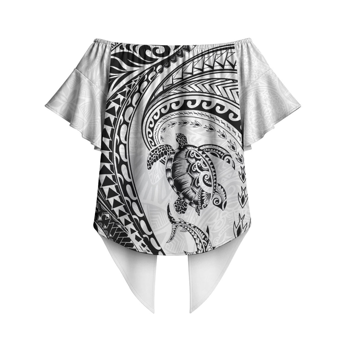 Hawaiian Turtle and Shark Off Shoulder Wrap Waist Top Kakau Tribal with Polynesian Pattern White Color LT03 - Polynesian Pride