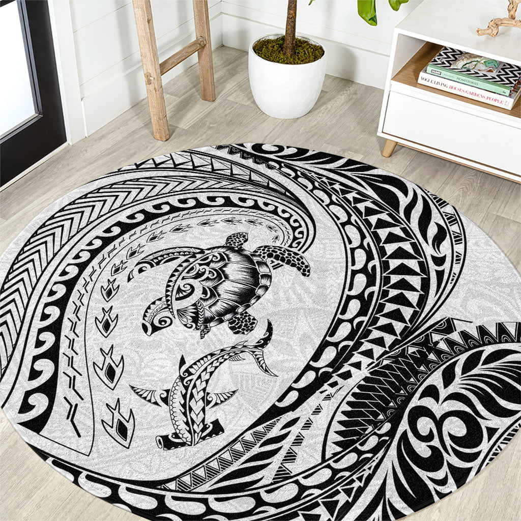 Hawaiian Turtle and Shark Round Carpet Kakau Tribal with Polynesian Pattern White Color LT03 White - Polynesian Pride